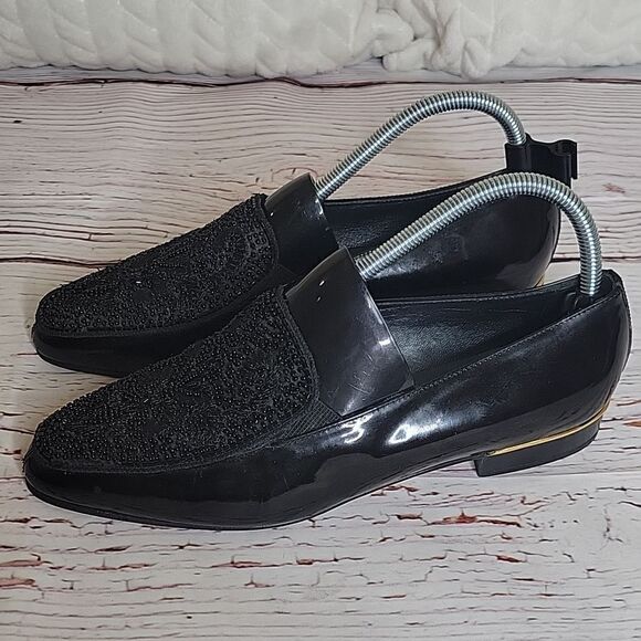 BRUNELLA Black Patent Loafers with Beaded Top of Foot Size 40 or 9.5 - Picture 3 of 14
